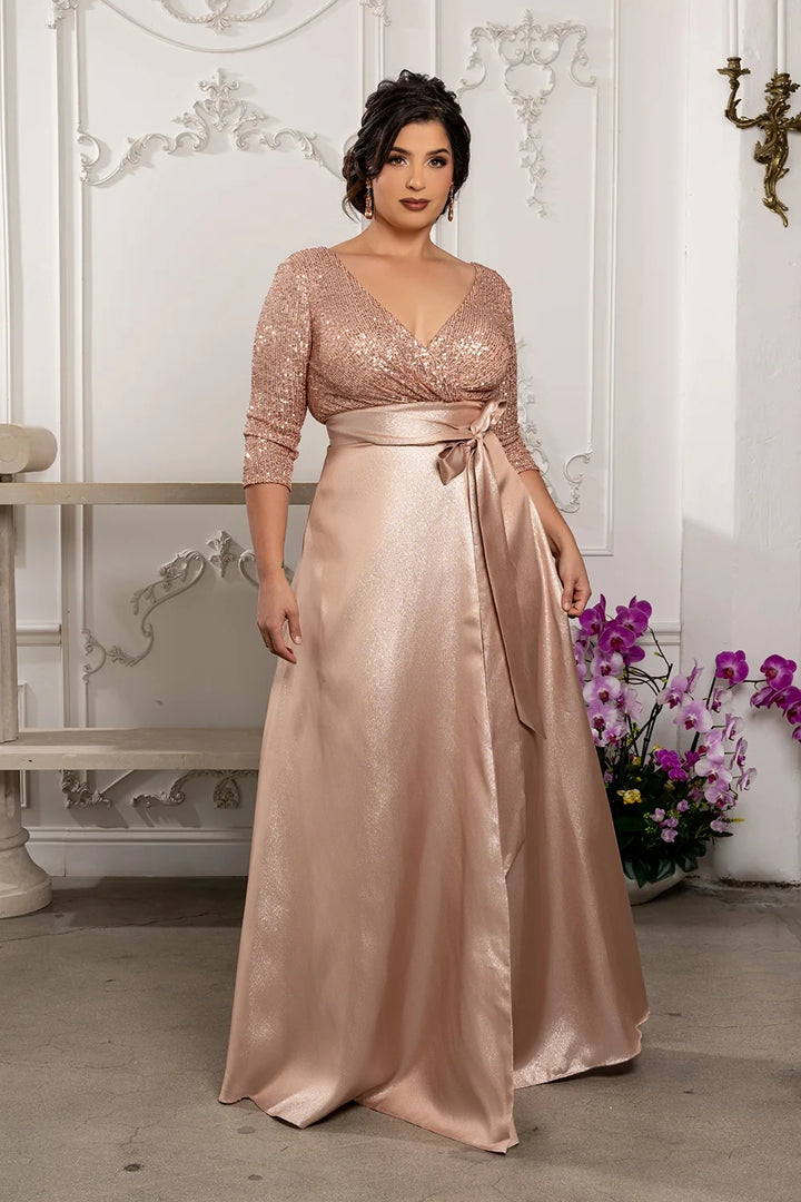 Sequin 3/4 Sleeve A-line Gown by May Queen MQ1852