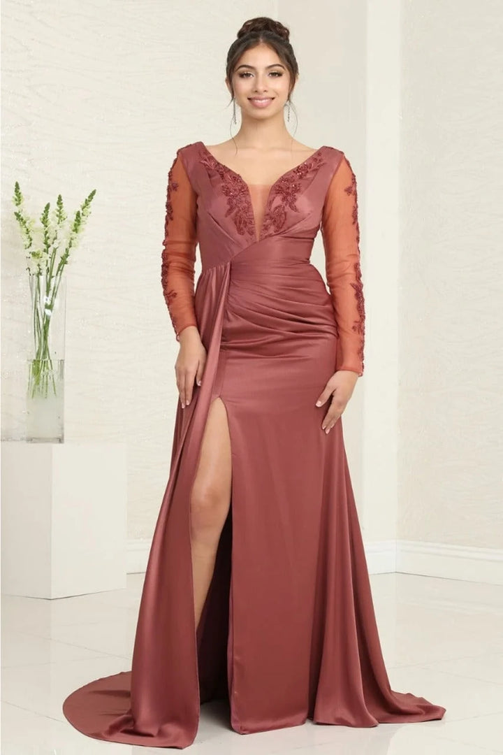 Applique Long Sleeve Slit Gown by May Queen MQ2008