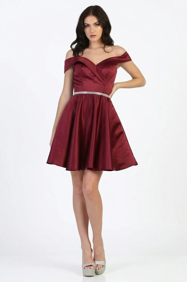Satin Short Off Shoulder Dress by May Queen MQ1815