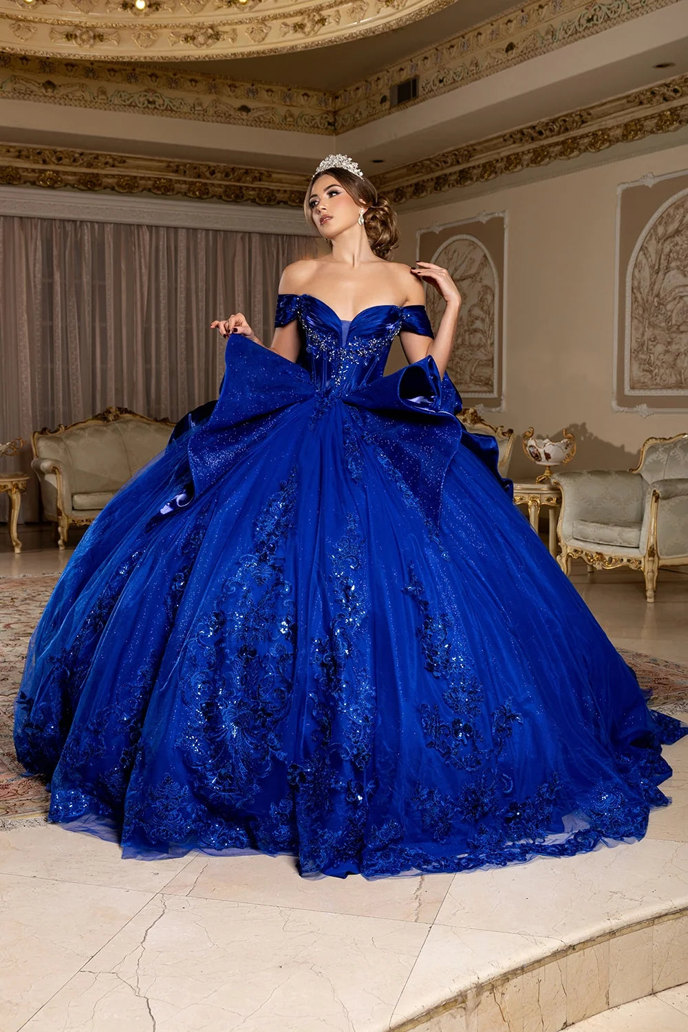 Off Shoulder Bow Ball Gown by May Queen LK297
