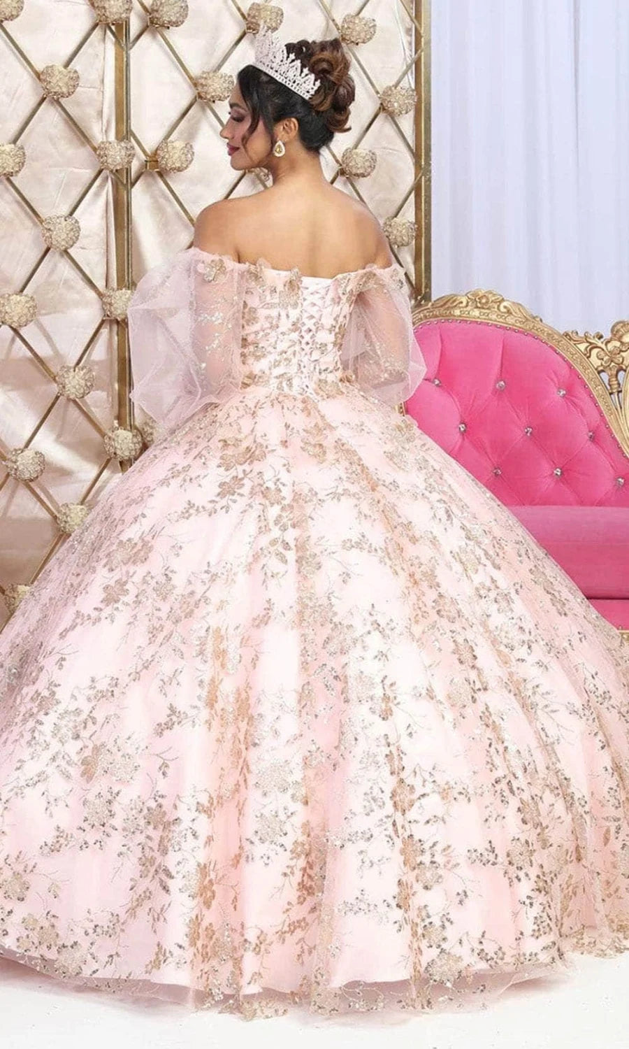 Off Shoulder Puff Sleeve Ball Gown by May Queen LK206