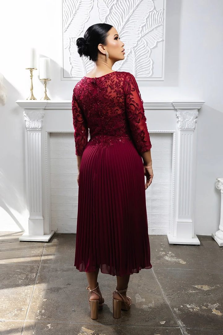 Pleated 3/4 Sleeve Tea Length Dress by May Queen MQ2189