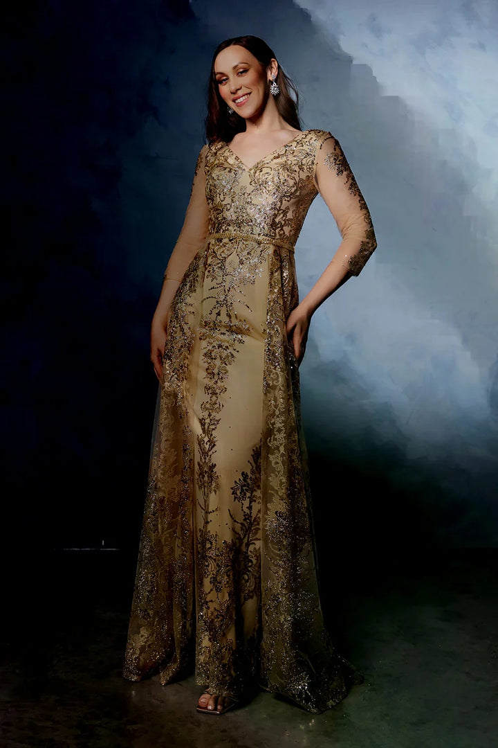 Glitter Long Sleeve Overskirt Gown by May Queen MQ2000