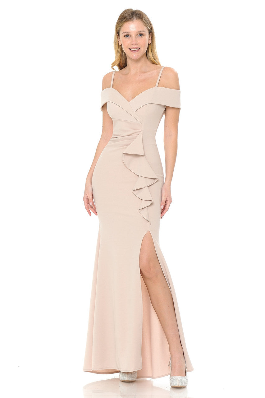 Crepe Fitted Cold Shoulder Slit Gown by Lenovia 5206