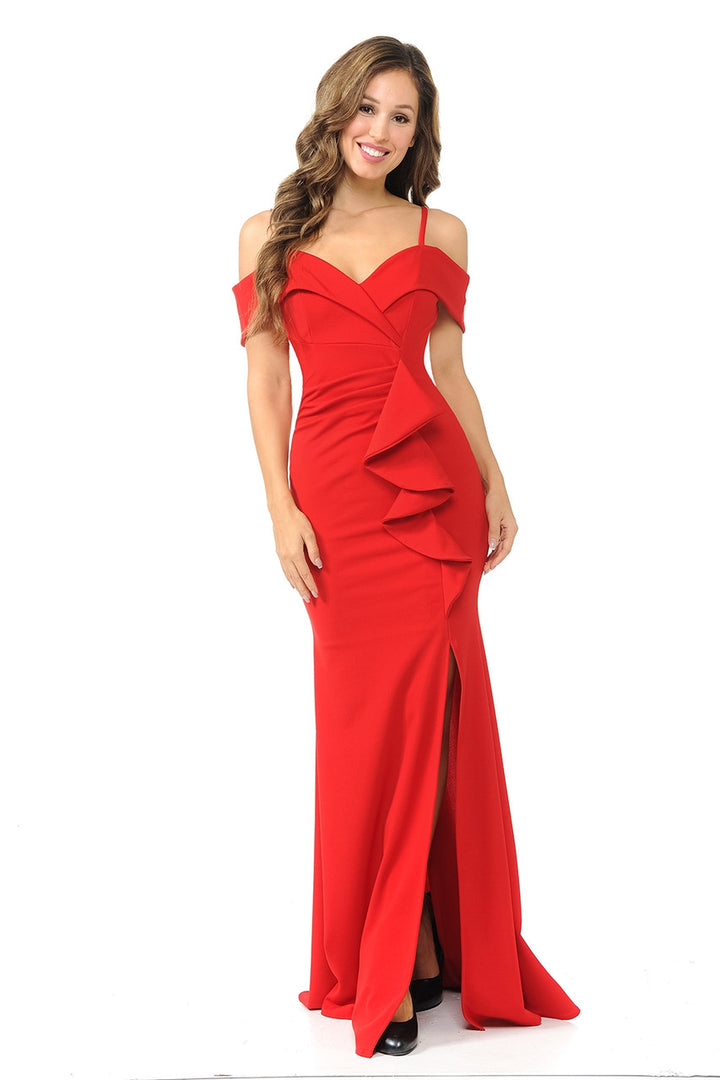 Crepe Fitted Cold Shoulder Slit Gown by Lenovia 5206