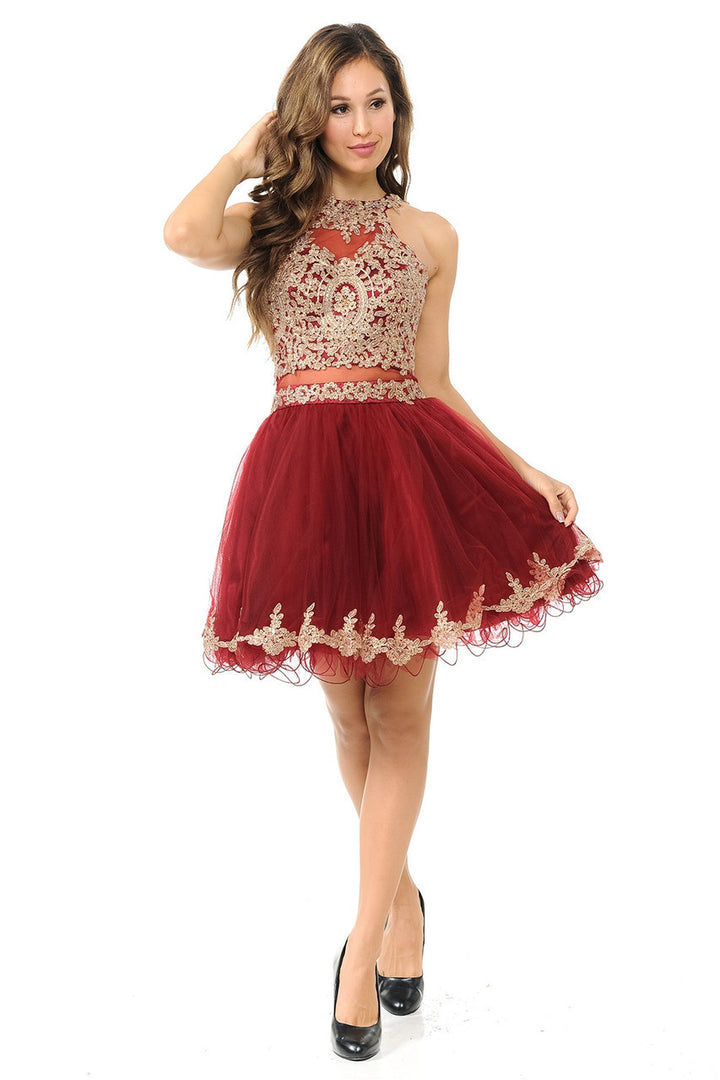 Applique Short Halter A-line Dress by Lenovia 8015
