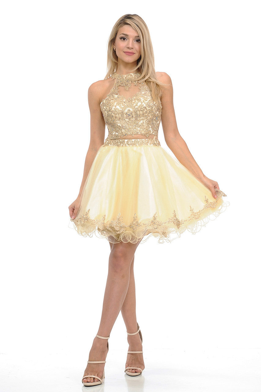 Applique Short Halter A-line Dress by Lenovia 8015