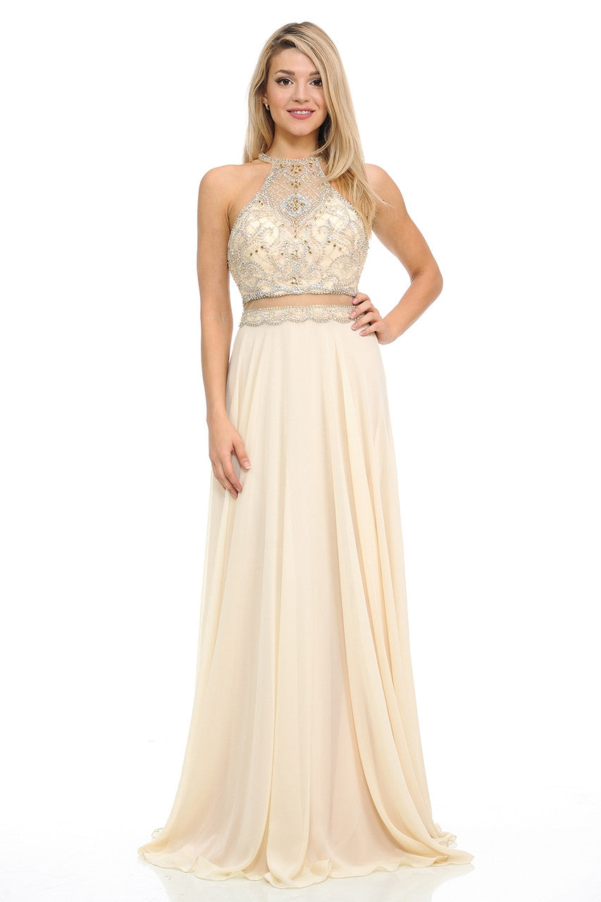 Beaded Chiffon Halter A-line Gown by Lenovia 8122