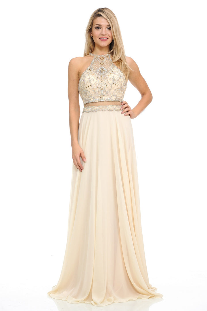 Beaded Chiffon Halter A-line Gown by Lenovia 8122