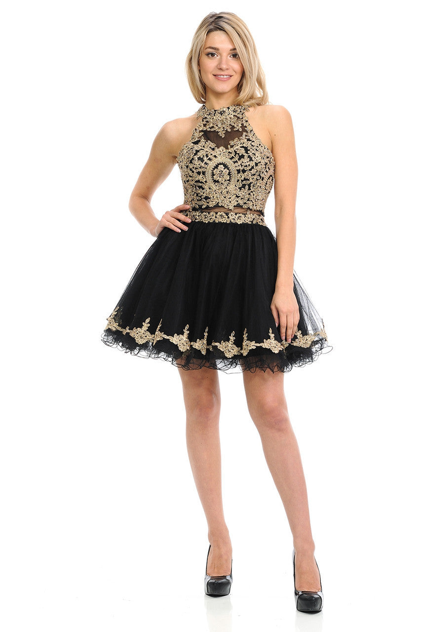 Applique Short Halter A-line Dress by Lenovia 8015