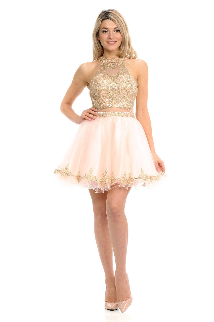 Applique Short Halter A-line Dress by Lenovia 8015