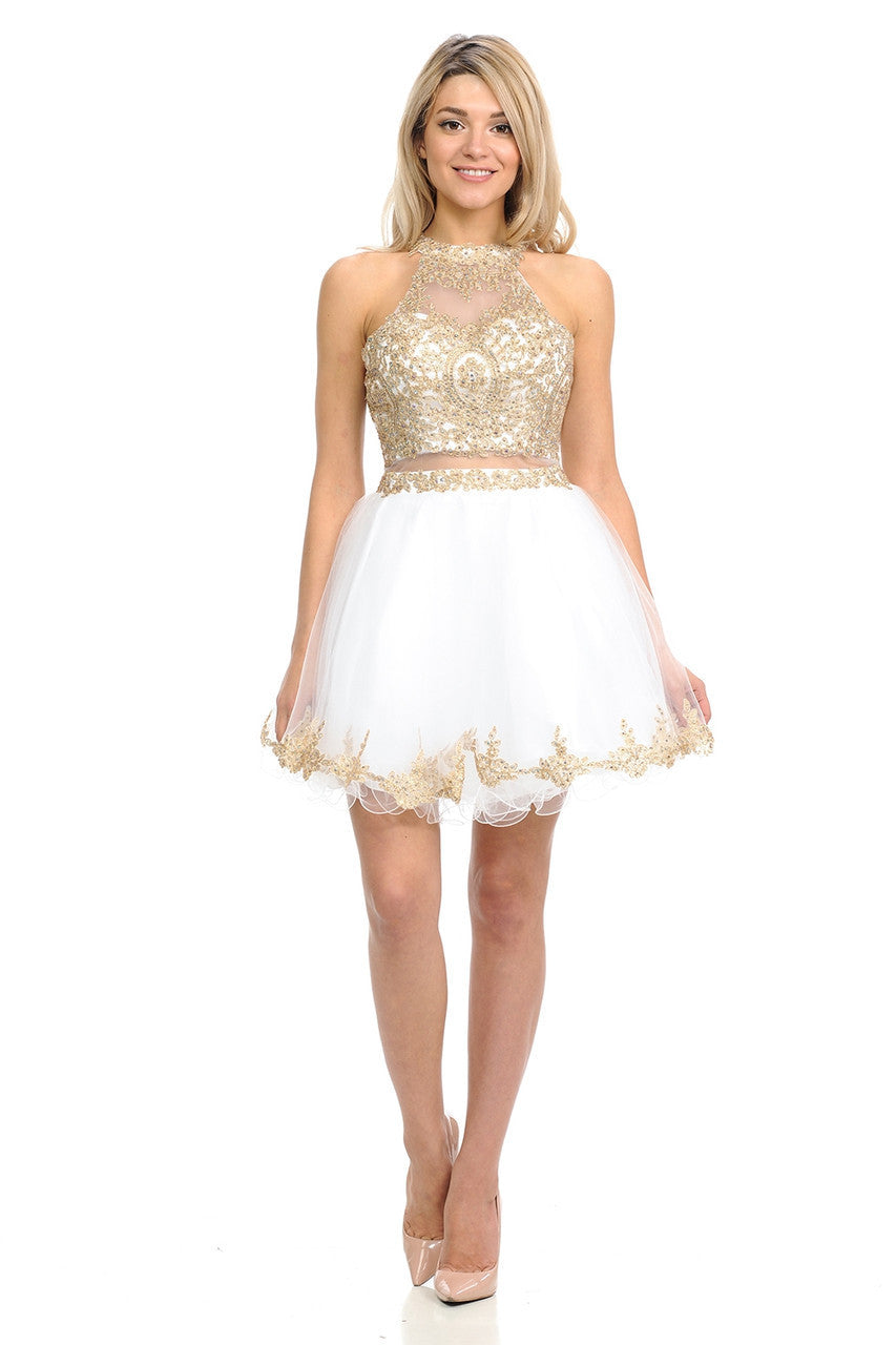 Applique Short Halter A-line Dress by Lenovia 8015