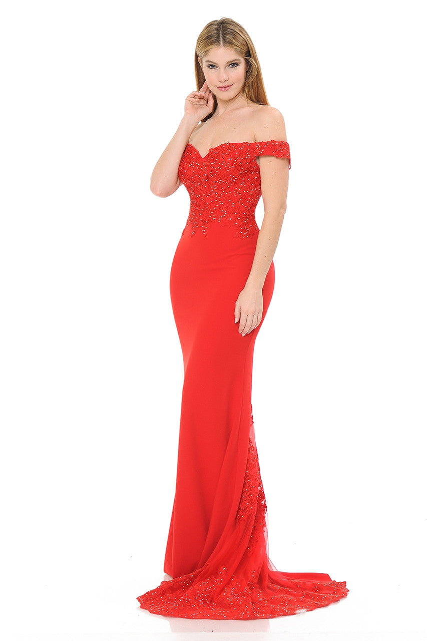 Embroidered Crepe Off Shoulder Gown by Lenovia 8134