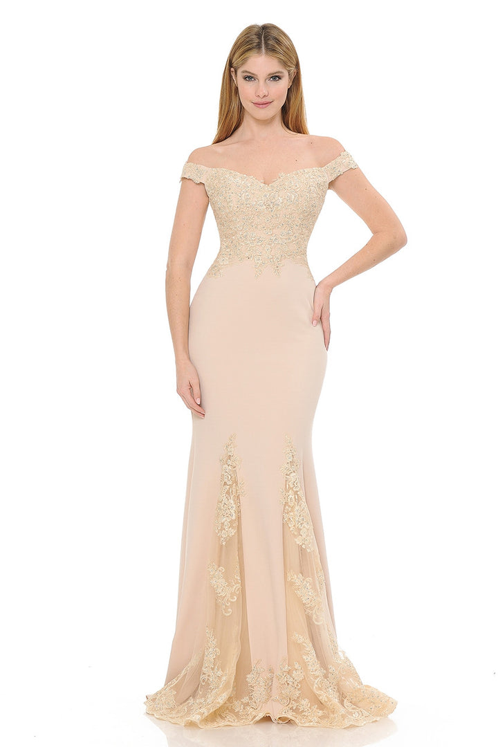 Embroidered Crepe Off Shoulder Gown by Lenovia 8137