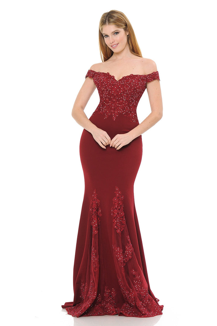 Embroidered Crepe Off Shoulder Gown by Lenovia 8137