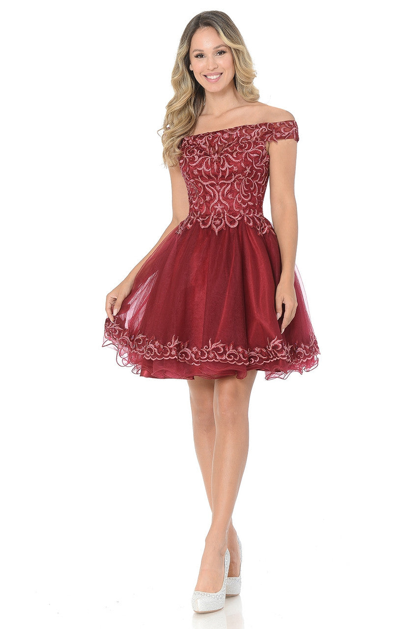 Embroidered Short Off Shoulder Dress by Lenovia 8141