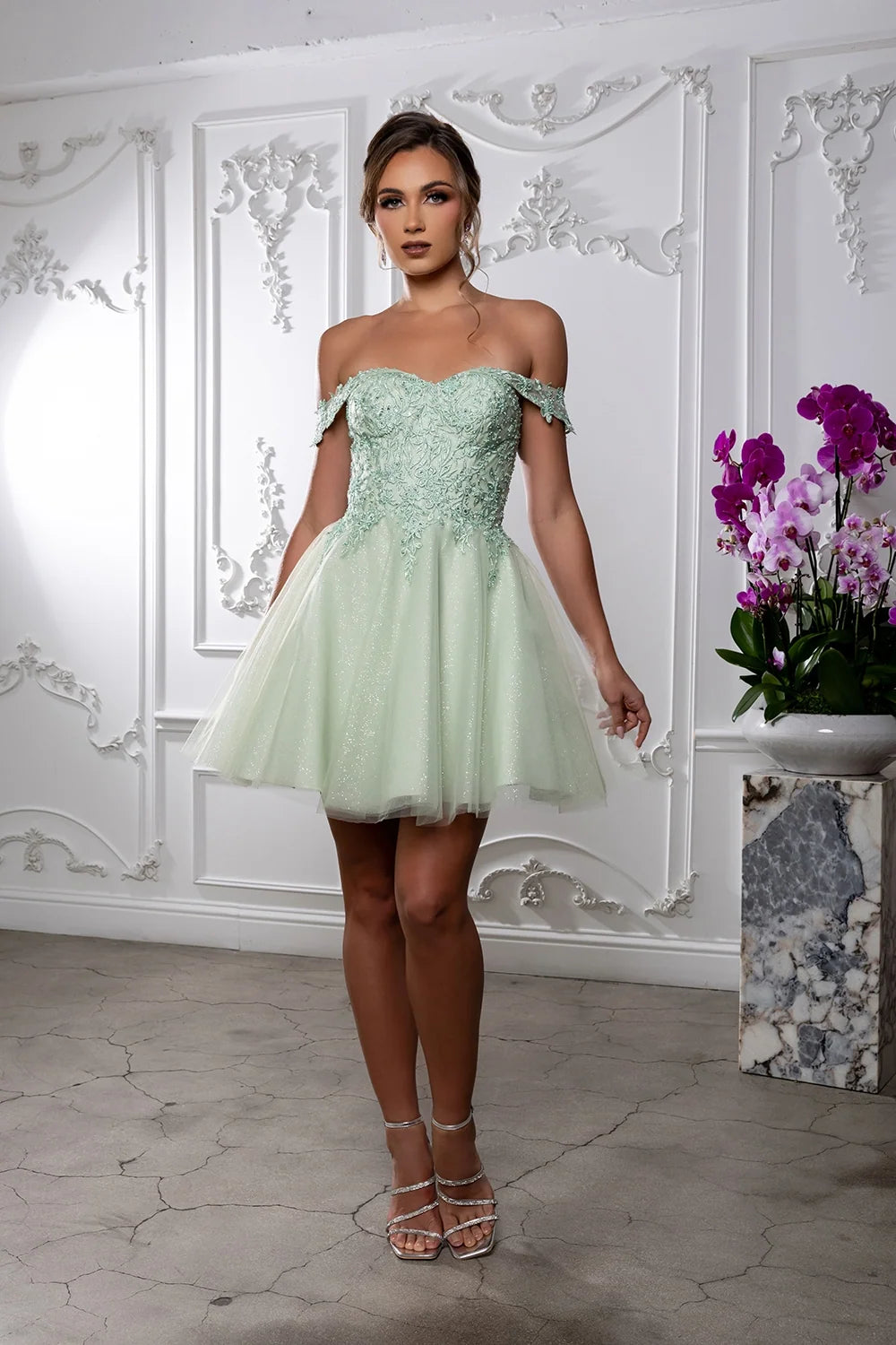 Applique Short Off Shoulder Dress by May Queen MQ2224