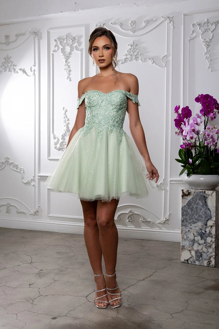 Applique Short Off Shoulder Dress by May Queen MQ2224