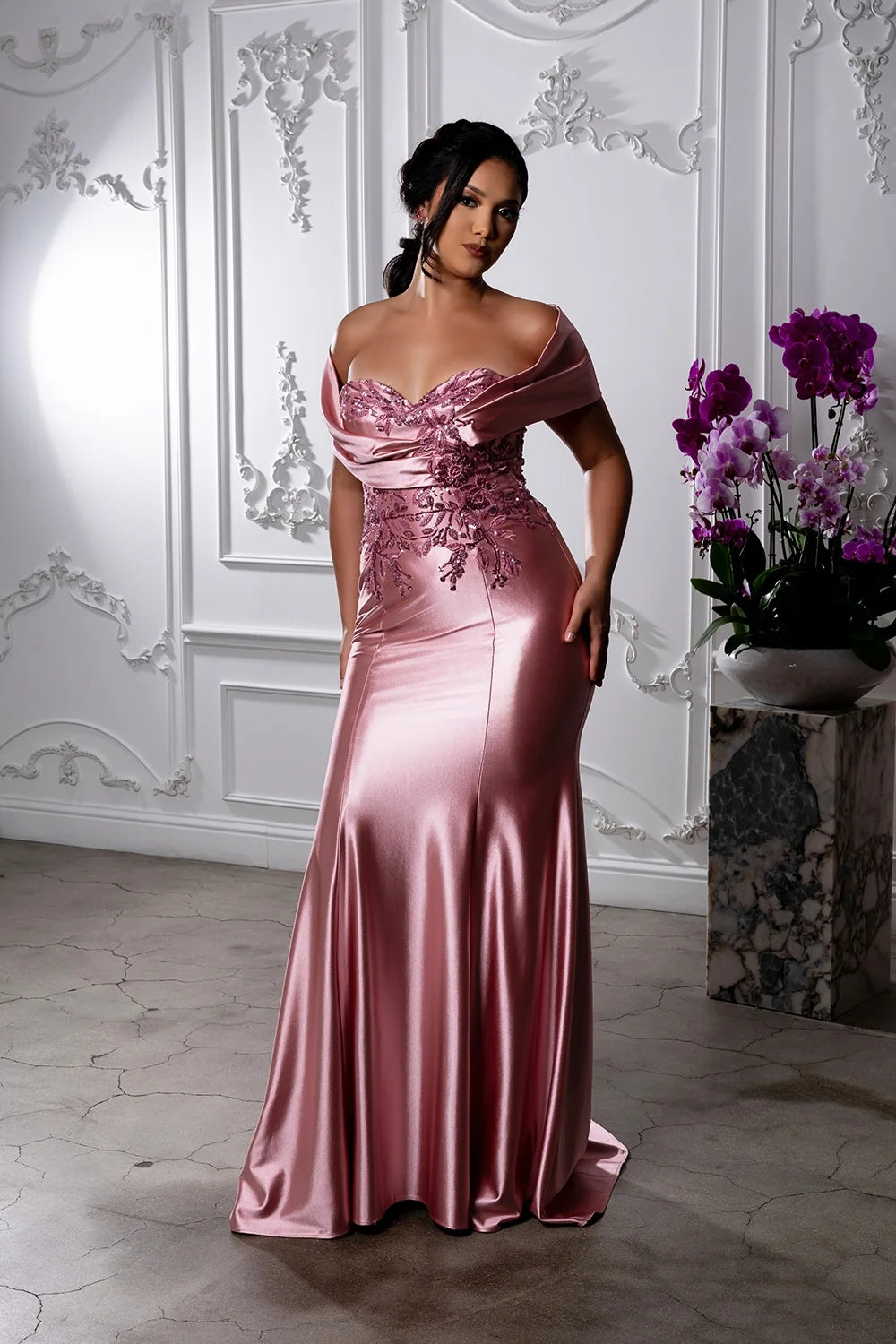 Fitted Off Shoulder Gown by May Queen MQ2174