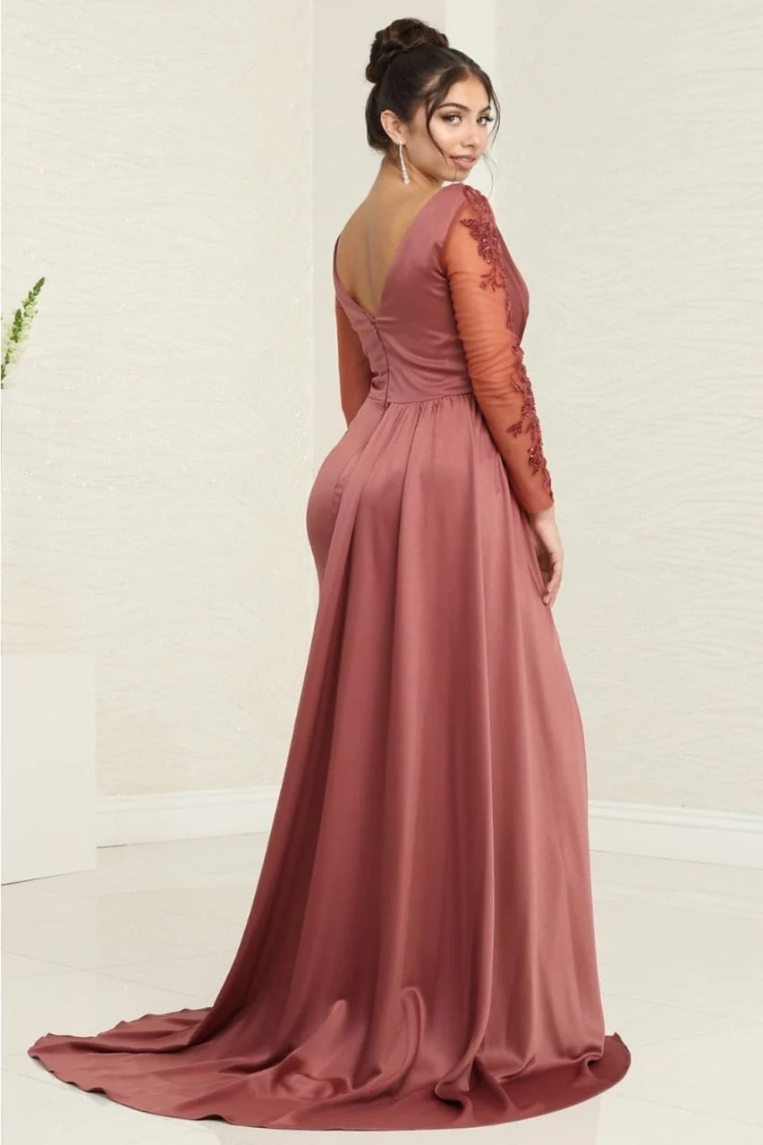 Applique Long Sleeve Slit Gown by May Queen MQ2008