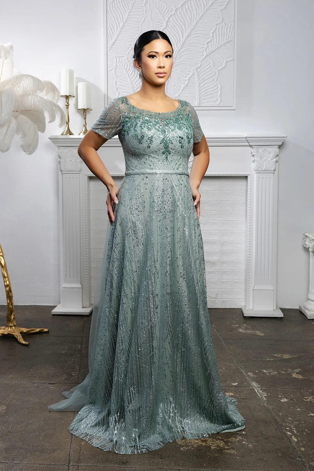 Glitter Short Sleeve A-line Gown by May Queen MQ2185