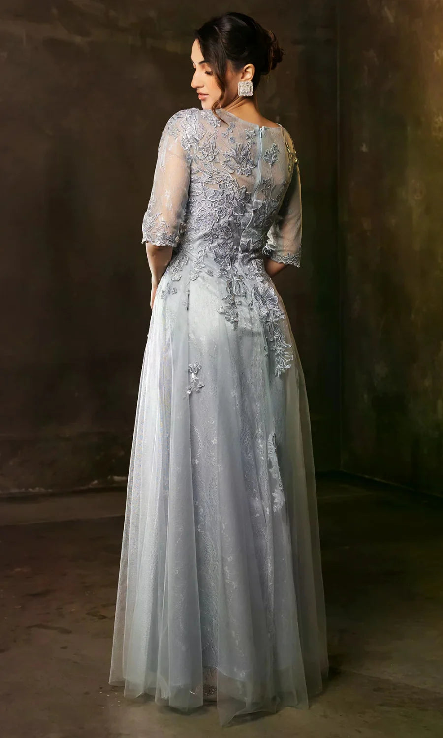 Applique Mid-Sleeve A-line Gown by May Queen MQ2143