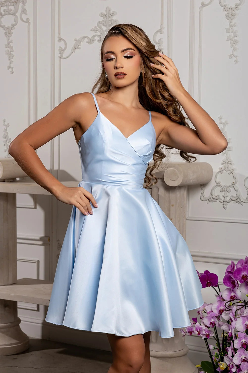 Satin Short V-Neck A-line Dress by May Queen MQ1654