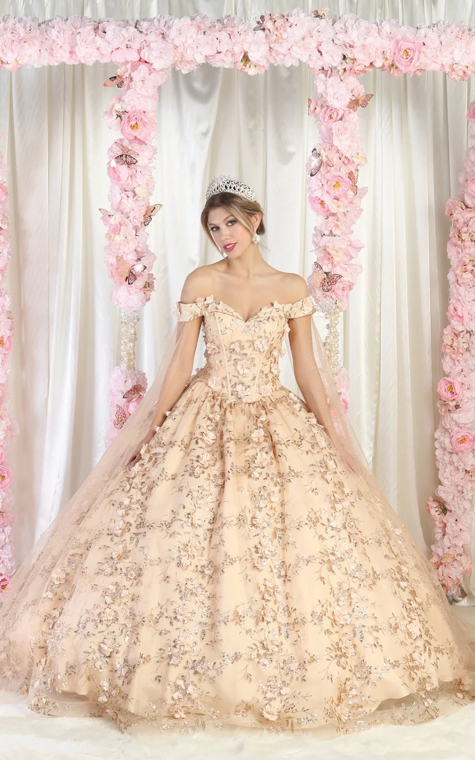 3D Floral Cape Sleeve Ball Gown by May Queen LK184