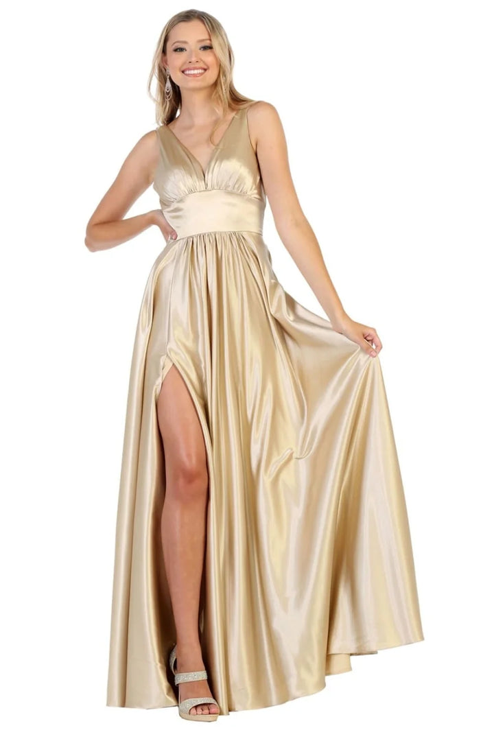 Satin Sleeveless A-line Slit Gown by May Queen MQ1723
