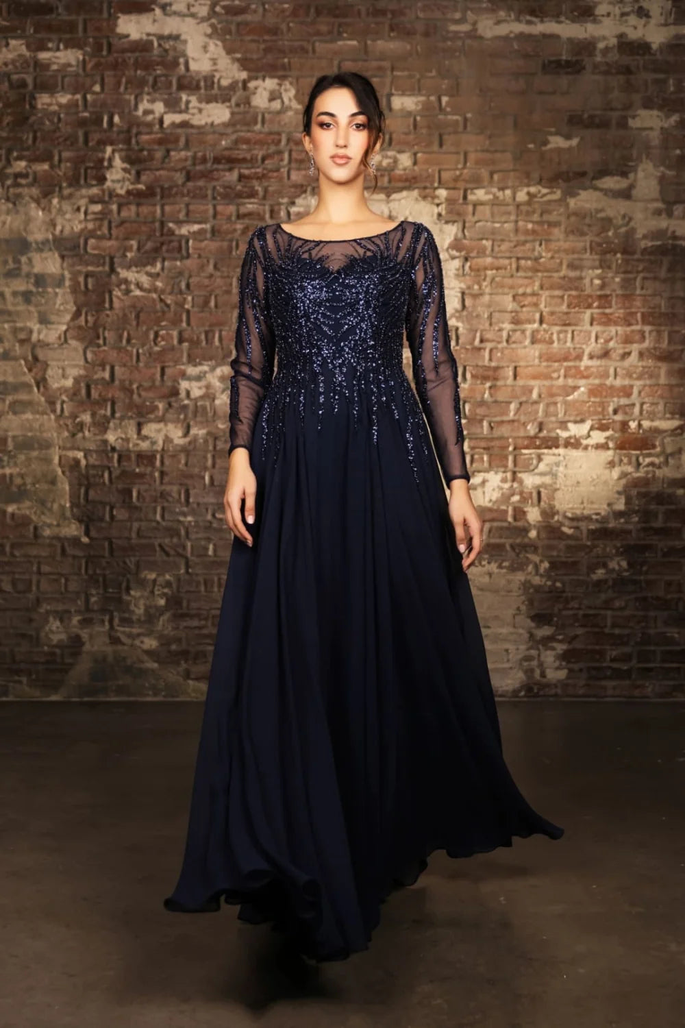Sequin Long Sleeve A-line Gown by May Queen MQ2161