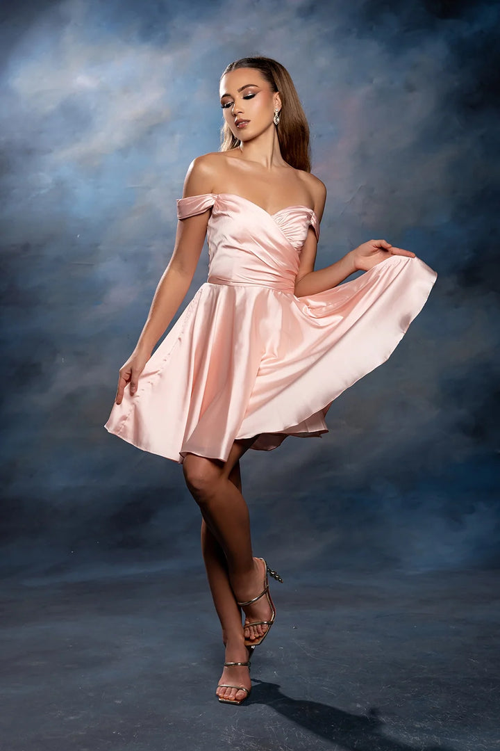 Satin Short Off Shoulder Dress by May Queen MQ2245