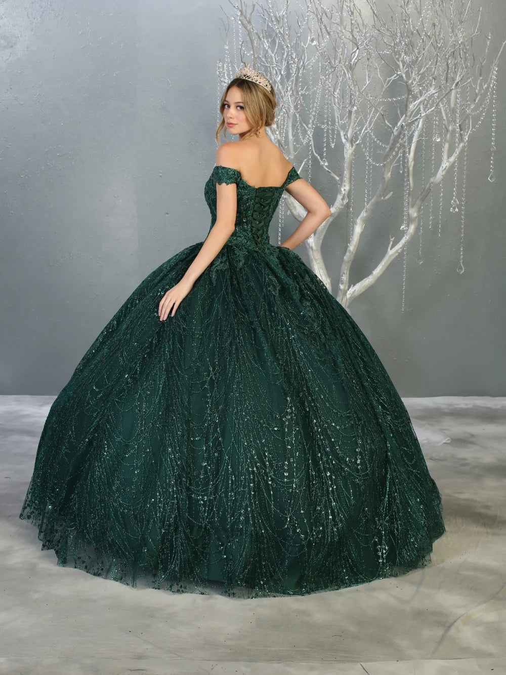 Glitter Off Shoulder Ball Gown by May Queen LK153