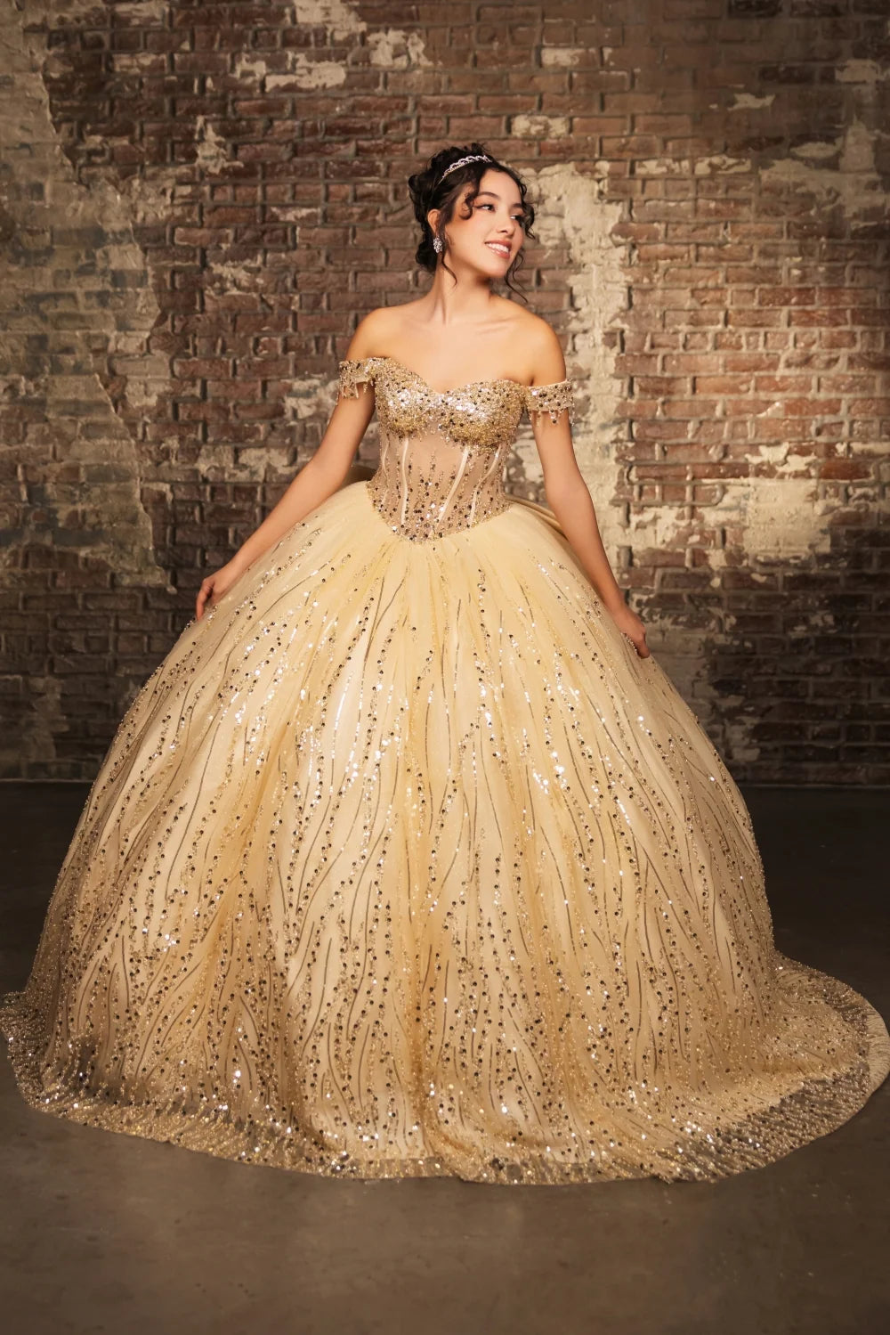 Off Shoulder Fringe Ball Gown by May Queen LK264