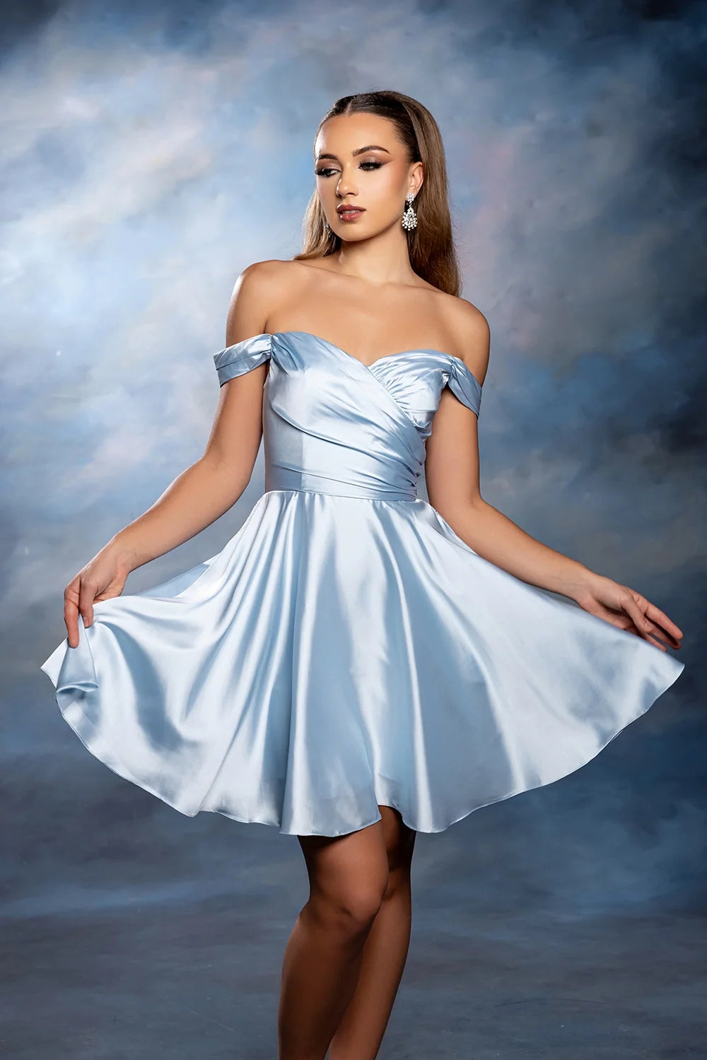Satin Short Off Shoulder Dress by May Queen MQ2245