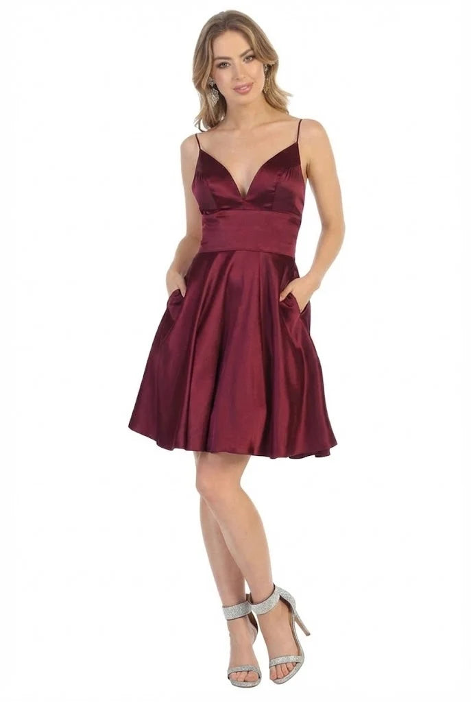 Satin Short V-Neck A-line Dress by May Queen MQ1770