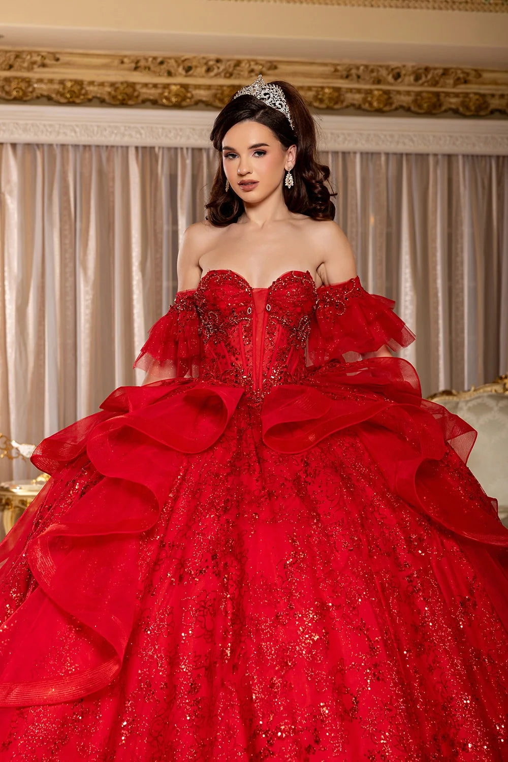 Off Shoulder Ruffled Ball Gown by May Queen LK296