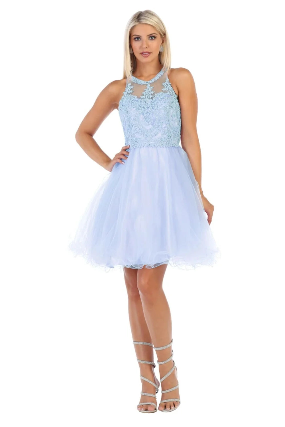 Applique Short Halter Ruffled Dress by May Queen MQ1643