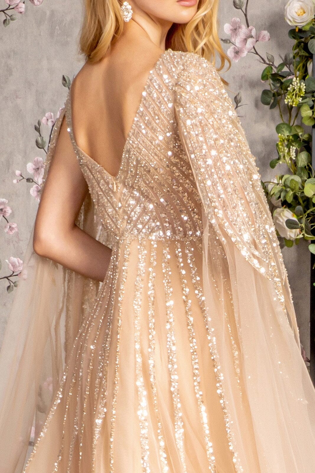 cape sleeve sequin dress Long A Line Beaded Sequin Cape Sleeve Formal Dress