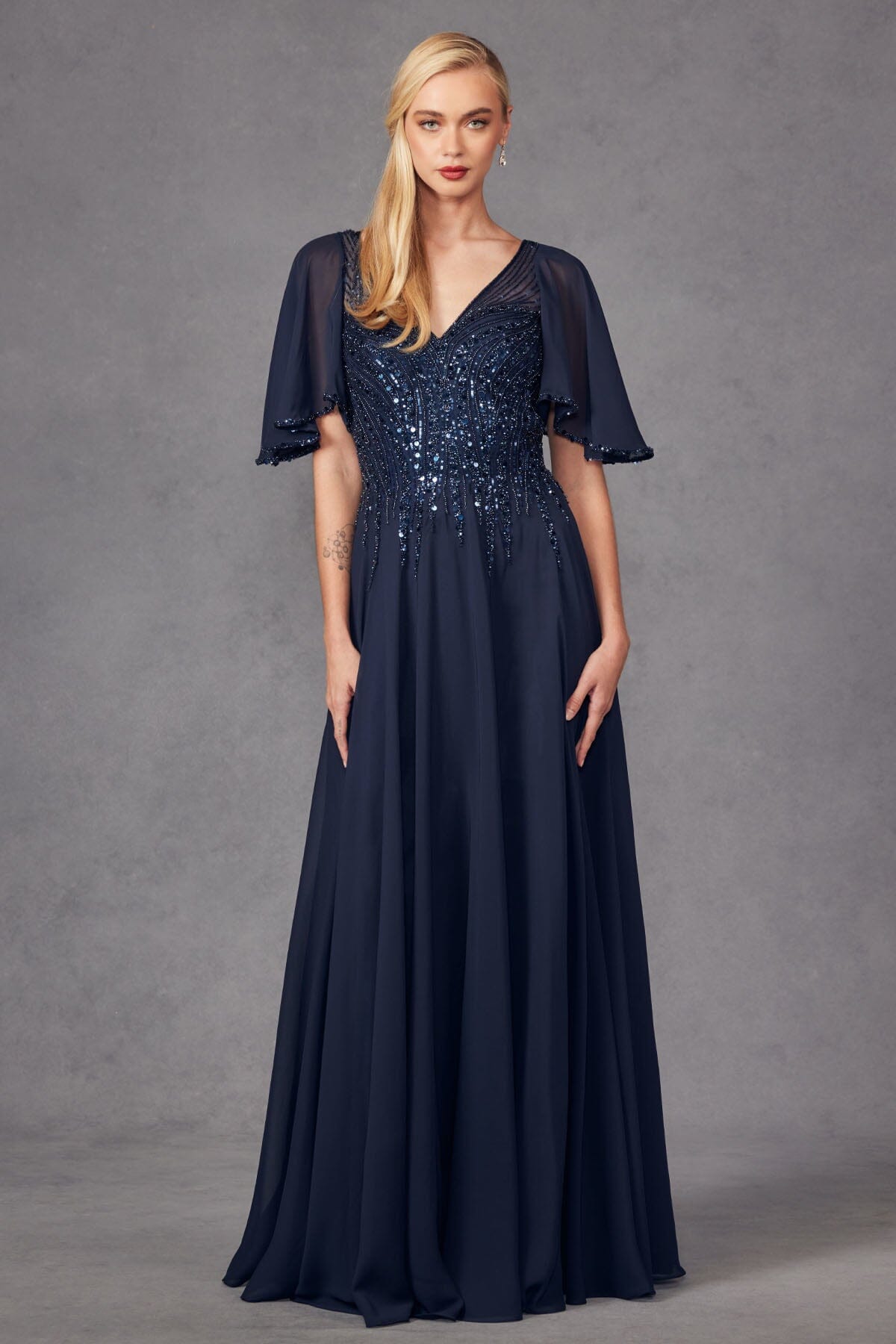 flutter sleeve blue dress Navy Principles Flutter Sleeve Pleat Detail Satin Midi Dress
