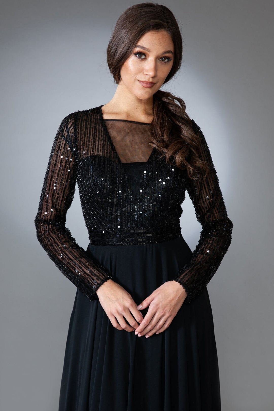 Embellished Long Sleeve Chiffon Gown by Amelia Couture 7036