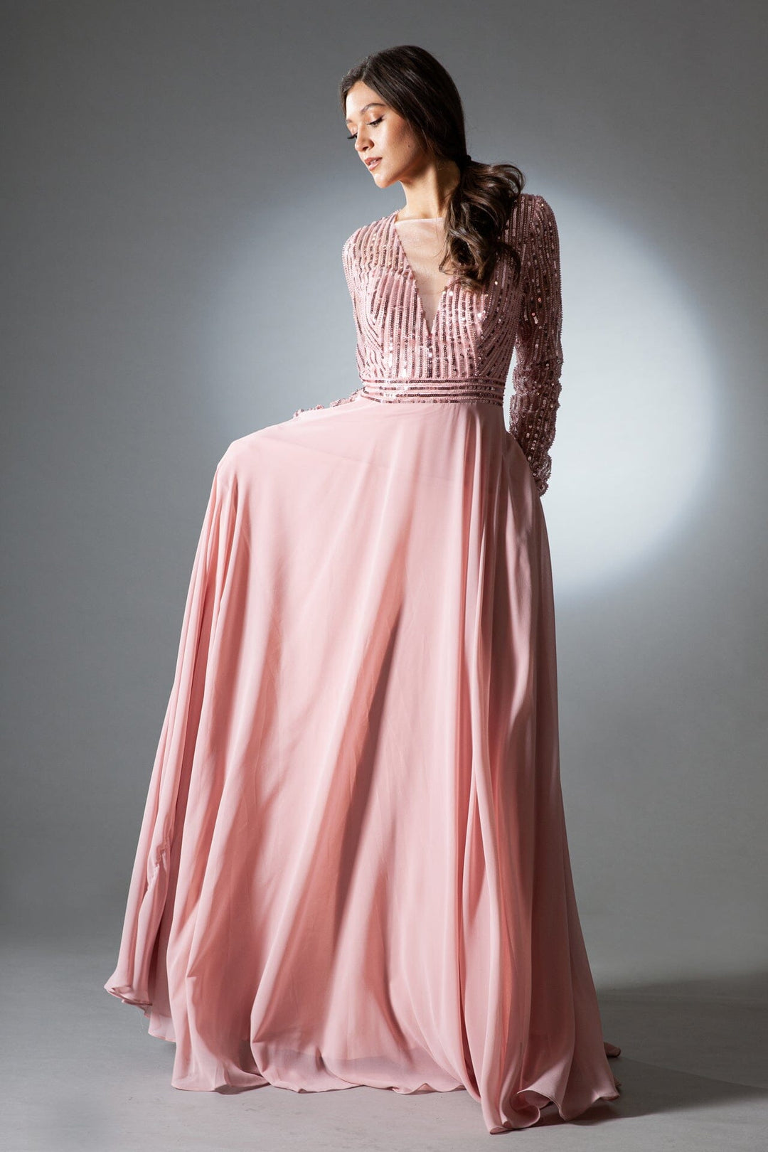 Embellished Long Sleeve Chiffon Gown by Amelia Couture 7036