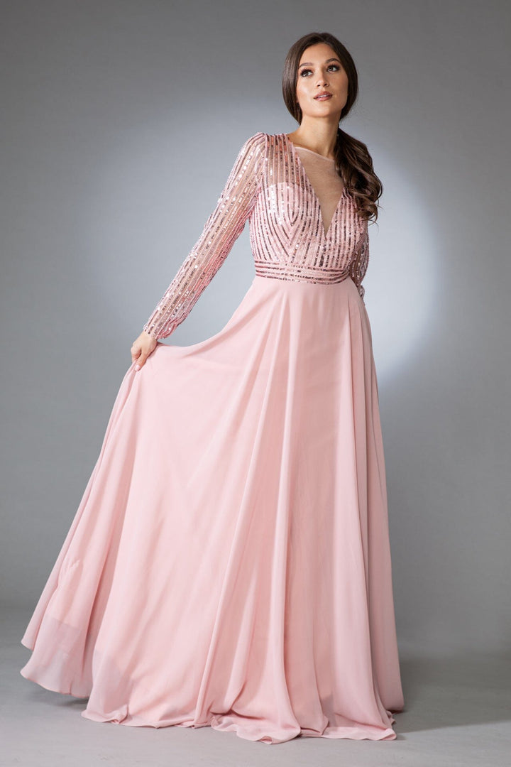 Embellished Long Sleeve Chiffon Gown by Amelia Couture 7036