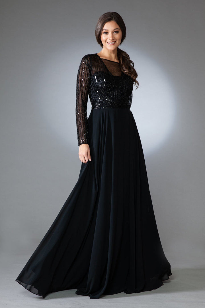 Embellished Long Sleeve Chiffon Gown by Amelia Couture 7036