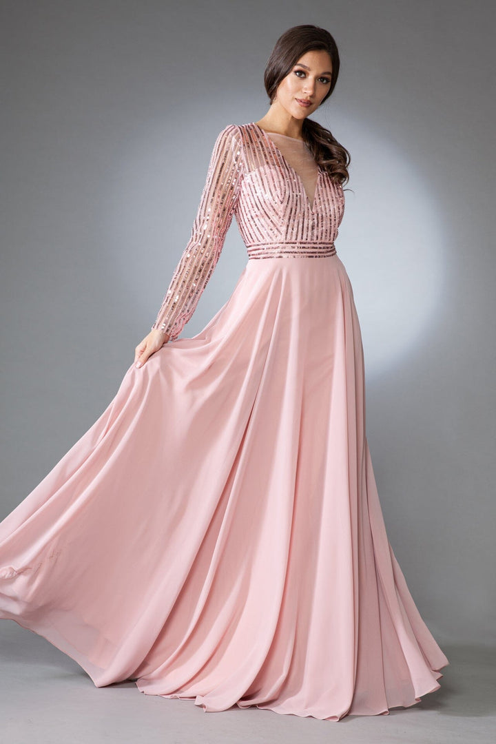 Embellished Long Sleeve Chiffon Gown by Amelia Couture 7036