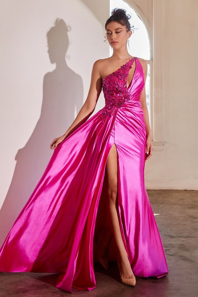 Embellished One Shoulder Satin Gown by Ladivine CDS454