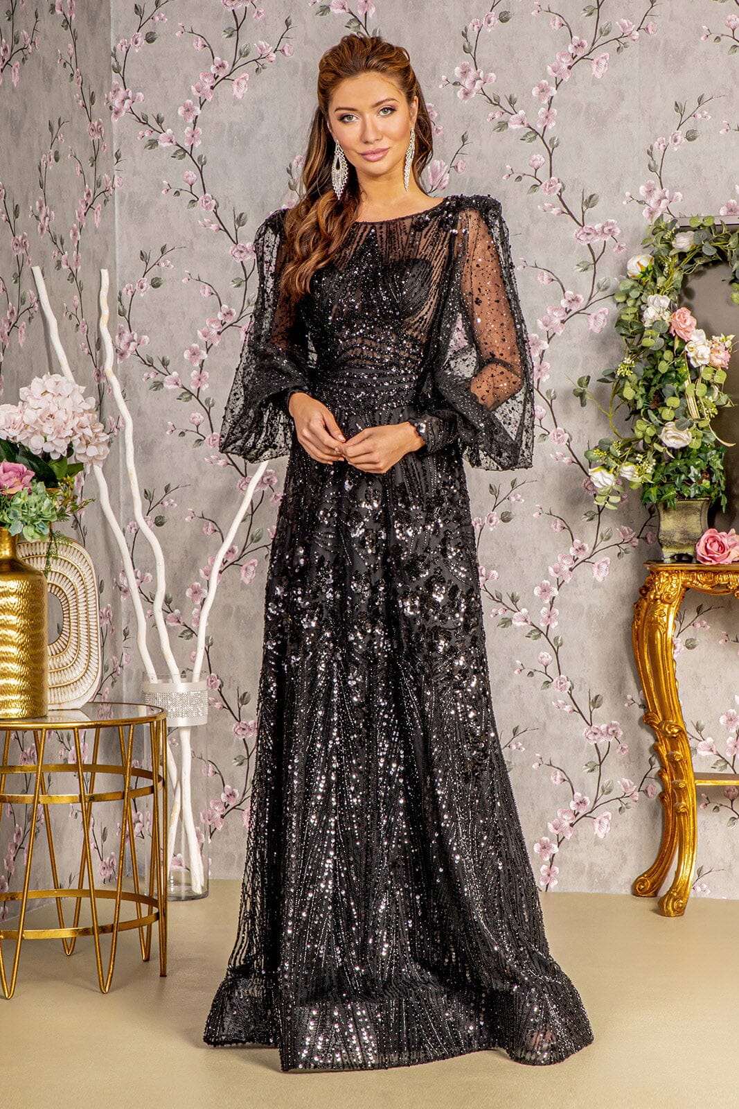 Embellished Puff Sleeve A-line Gown by GLS Gloria GL3497 S / Black Embellished Puff Sleeve A-line Gown by GLS Gloria GL3497 S / Black