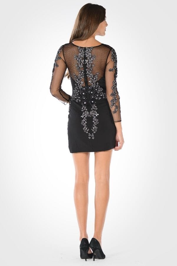 Embellished Sheer Short Dress with Sleeves by Poly USA 7754