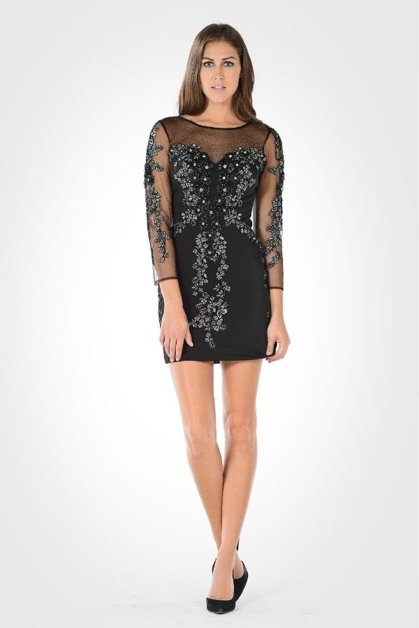 Embellished Sheer Short Dress with Sleeves by Poly USA 7754
