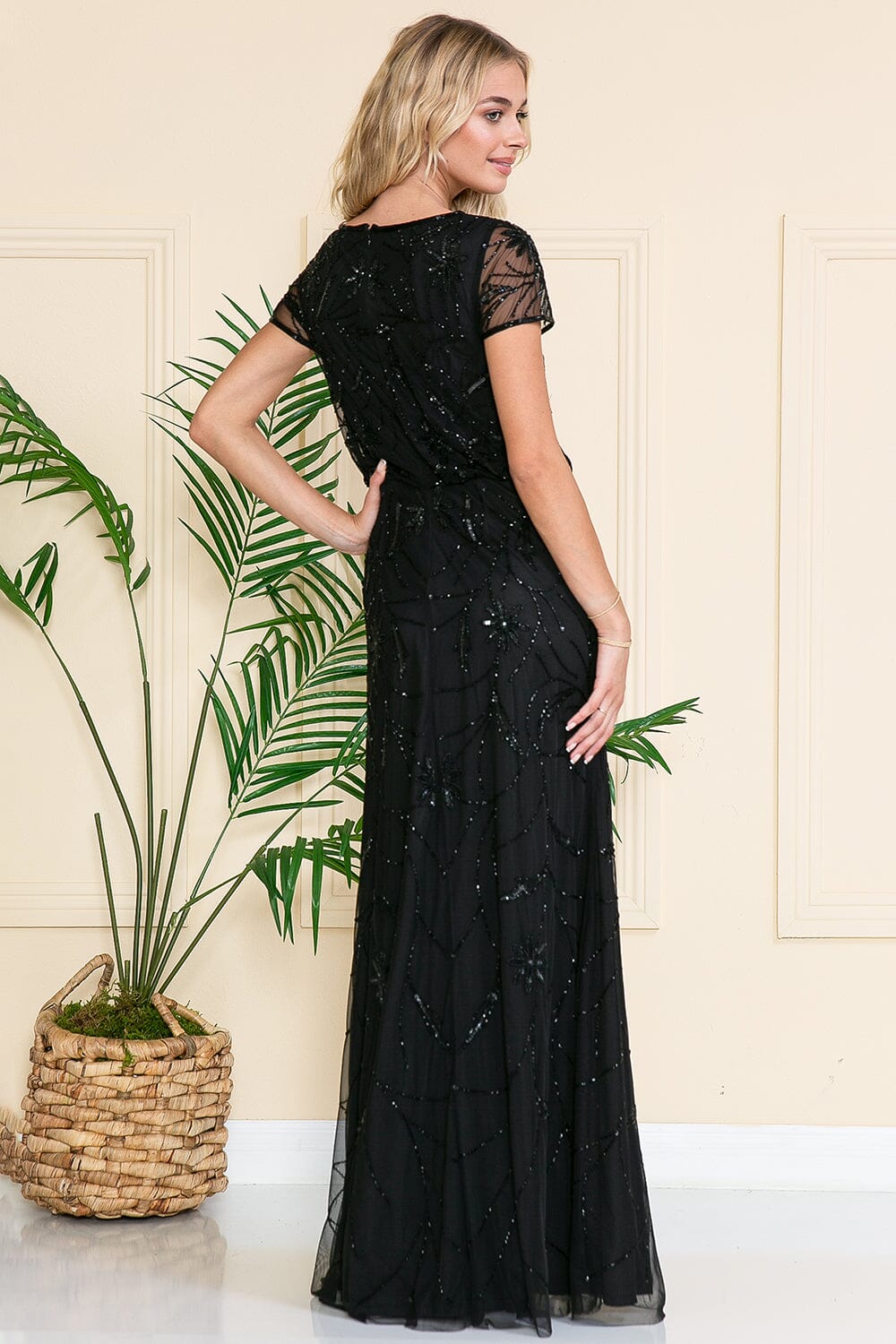 embellished short sleeve dress Amelia Couture IN004 Long Formal Dress Champagne / 8