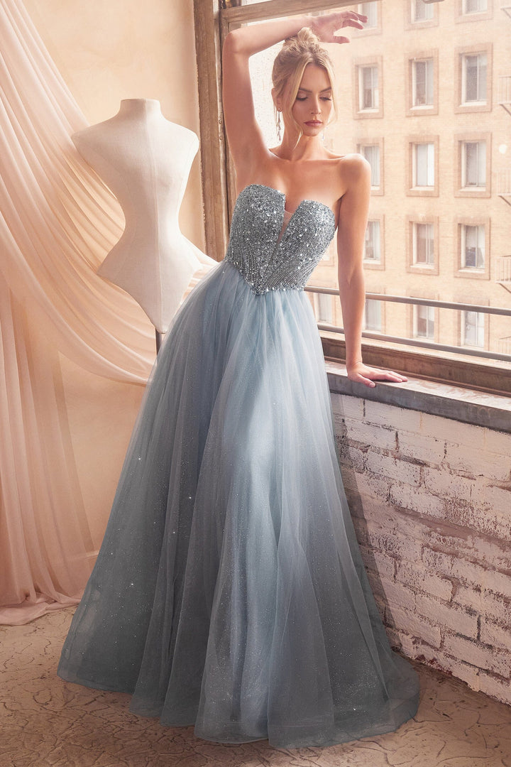 Embellished Strapless A-line Tulle Gown by Ladivine CD0217